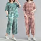 Set: Short-sleeve Plaid Top + Crop Straight Leg Pants