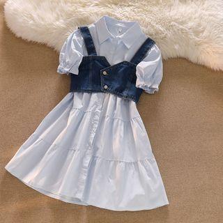 Puff-sleeve Tiered Shirt Dress / Denim Vest