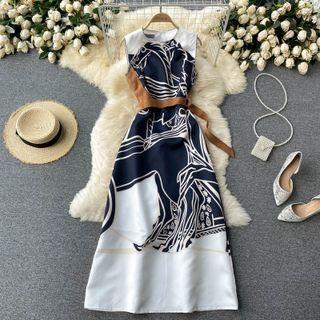 Round-neck Color Block Print Lace-up Strap Sleeveless Dress