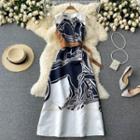 Round-neck Color Block Print Lace-up Strap Sleeveless Dress