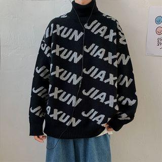 Long-sleeve Lettering Plain Mock-neck Knit Sweater