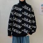 Long-sleeve Lettering Plain Mock-neck Knit Sweater