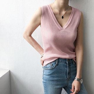 Plunge-neck Sleeveless Rib-knit Top