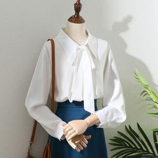 Long-sleeve Lapel Plain Bow Shirt