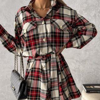 Long-sleeve Plaid Sashed Mini Shirt Dress