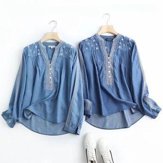 Denim V-neck Embroidered Top