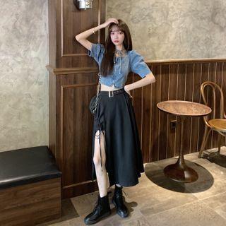 Short-sleeve Denim Blouse / Midi A-line Slit Skirt