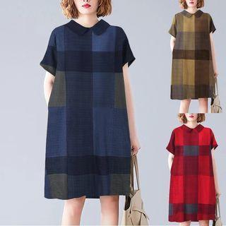 Short-sleeve Collar Plaid Tunic Dress