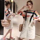Set: Elbow-sleeve Rainbow Stripe T-shirt + Overall Dress
