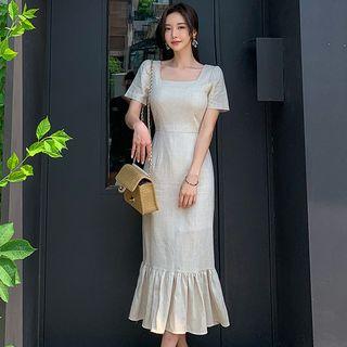 Short-sleeve Ruffle Trim Midi Sheath Dress