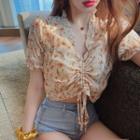 Floral Short-sleeve Drawstring Cropped Blouse