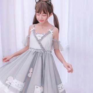 Cat Print Cold-shoulder A-line Dress