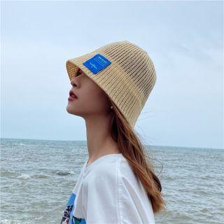 Applique Cut-out Straw Bucket Hat Beige - M (56-58cm)