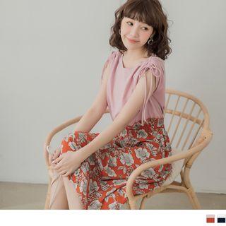 Ruched Shoulder Floral Panel Midi Dress