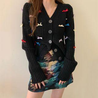 Bow Cardigan / Printed A-line Skirt