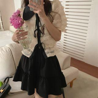 Puff-sleeve Lace Blouse / Mini A-line Skirt
