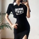 Short-sleeve Printed Cut Out Mini Polo Dress
