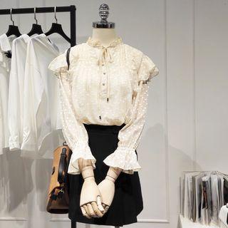 Set: Bell-sleeve Dotted Chiffon Blouse + Camisole