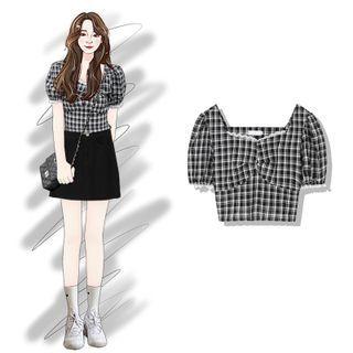 Square-neck Plaid Lace Cropped Top