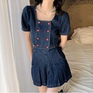Short-sleeve Double-breasted Blouse / A-line Skirt