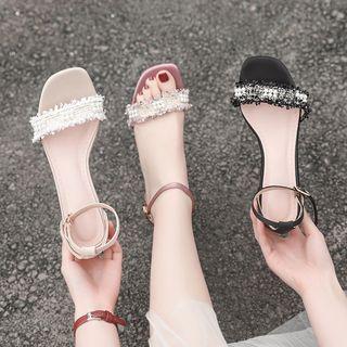 Frayed Bead Strap Block Heel Sandals