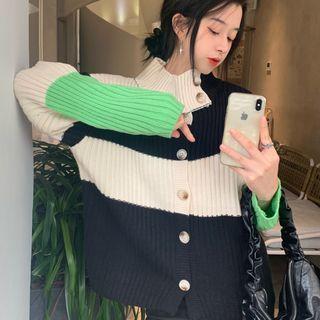 Color Block Mock-neck Button-up Cardigan Black & White & Green - One Size