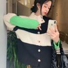 Color Block Mock-neck Button-up Cardigan Black & White & Green - One Size