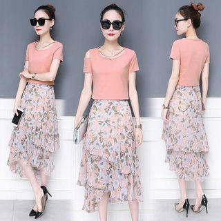 Set: Plain Cut Out Shoulder Short Sleeve T-shirt + Floral Print Midi Skirt