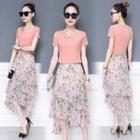 Set: Plain Cut Out Shoulder Short Sleeve T-shirt + Floral Print Midi Skirt