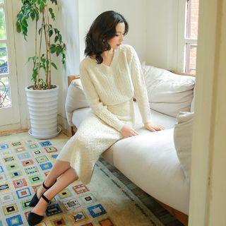 Set: Cable Knit Sweater + Midi Pencil Knit Skirt