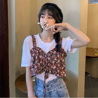 Short-sleeve T-shirt / Sleeveless Floral Top