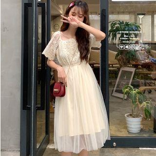 Panel Beaded Tulle Overlay Midi Dress