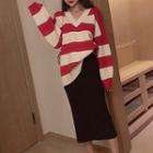V-neck Striped Sweater / Midi Knit Fitted Skirt
