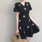 Star Print Short-sleeve Slim-fit Dress Black - One Size