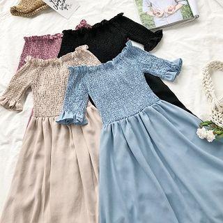 Off-shoulder Chiffon Ruffles-trim Dress