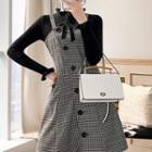 Set: Ruffle Trim Long-sleeve Knit Top + Plaid Button Detail Pinafore Dress