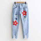 Flower Sequined Distressed Jeans