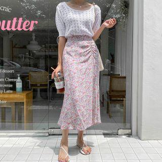 Shirred Long Floral Skirt