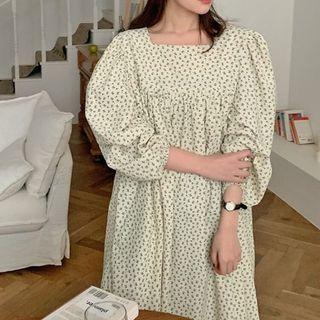 Puff-sleeve Floral A-line Dress Off-white - One Size
