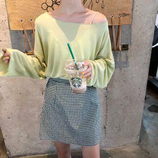Off Shoulder Plain Knit Long-sleeve Top