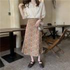 Elbow-sleeve Eyelet Lace Blouse / High-waist Floral Print Midi Skirt