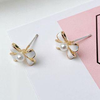 Bow Faux Pearl Alloy Earring 01 - 1 Pr - Silver - One Size