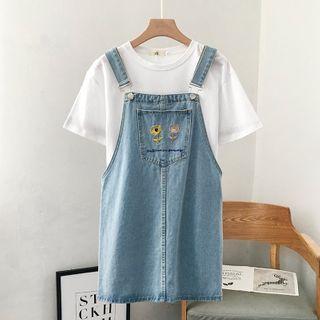 Flower Embroidered Mini Pinafore Denim Dress
