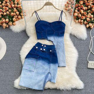 Set: Asymmetrical Denim Crop Camisole Top + Pencil Skirt