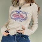 Graphic Print Long Sleeve Ribbed T-shirt