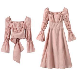 Bell-sleeve Square-neck Blouse / Bow Back Dress