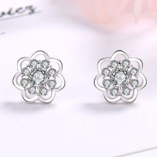 S925 Sterling Silver Rhinestone Flower Stud Earring As Shown In Figure - One Size