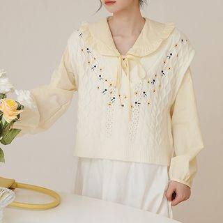 Ruffled Blouse / Floral Embroidered Sweater Vest