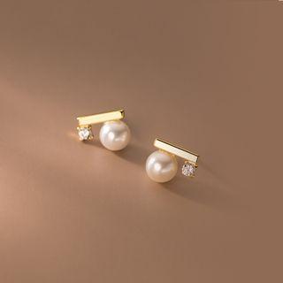 925 Sterling Silver Faux Pearl Earring 1 Pair - Gold & White - One Size
