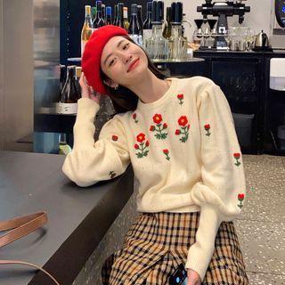 Lantern-sleeve Flower Sweater